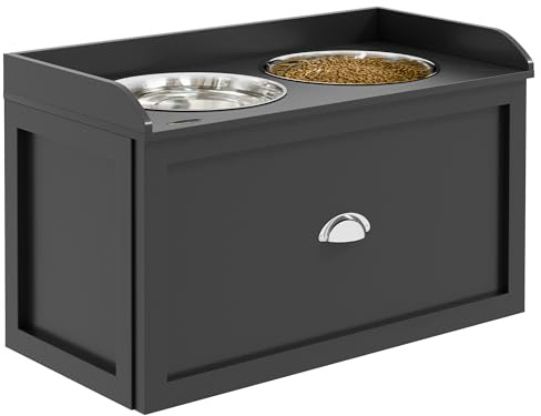 PawHut Erhöhter Hundenapf mit Ständer für große Hunde 36 cm Hoch Schwarz | Futternapf, Fressnapf mit Schublade, 2 Edelstahlnäpfen, Futterstation