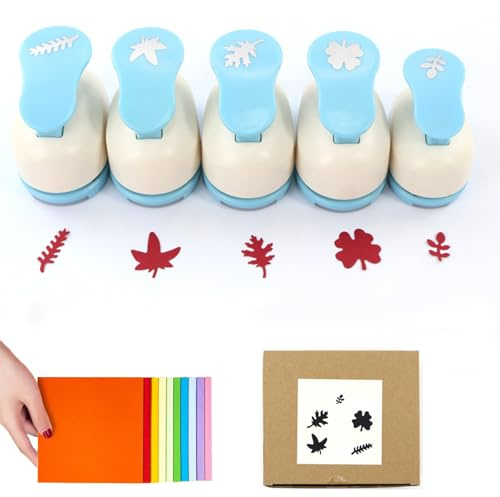 mini hole punch，single hole punch for crafts，paper punch（Five different shapes+100 sheets craft paper） (leaf)