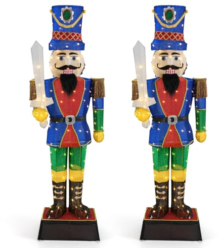 GYMAX Lot de 2 Soldats Casse-Noisette Lumineux 184cm, Décoration de Noël Extérieur et Intérieur, 110 Lumières LED Blanc Chaud, Figurine Décorative Pailletée Etanche