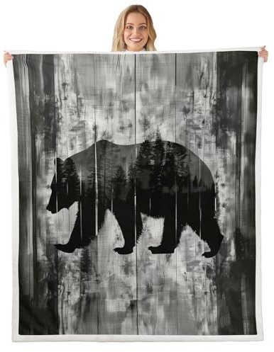 jejeloiu Bear Silhouette Fleece Throw Blanket Western Cabin Sherpa Blanket for Kids Women Men Plush Fuzzy Gray Wood Grain Baby 30x40 Rustic Country Farmhouse for Bed Couch Chair Living Room Decor