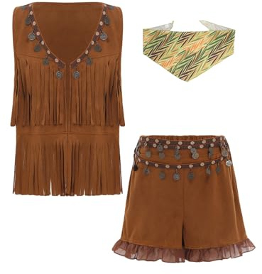 Mufeng Kostym för flickor i 3 delar väst fransad kort scarf outfit bohemisk outfit västerländsk cosplay karneval brun 5–6 år
