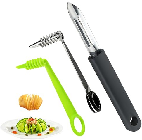 KUAJTUN Juego de 2 cortadores de patatas en espiral con pelador, acero inoxidable y plástico, práctico cortador de patatas para creativas espirales de patatas, verduras y frutas fáciles de preparar