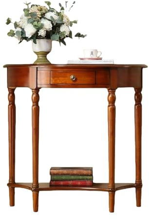 DIHRVTHC Consolle Mezzaluna Vintage in Legno Massello,Tavolo Consolle Semicircolare con Cassetto e Ripiano per Ingresso e Soggiorno, Mobile Elegante Dietro Divano(Cherry,39.3/100cm)