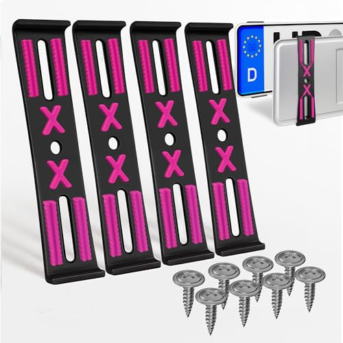 Kennzeichenhalter Rahmenlos Kennzeichenhalterung Auto universell, dezent, sicher & langlebig Nummernschildhalterung nahezu unsichtbar Set für 2 Kennzeichen inkl. Befestigungsschrauben - Schwarz pink