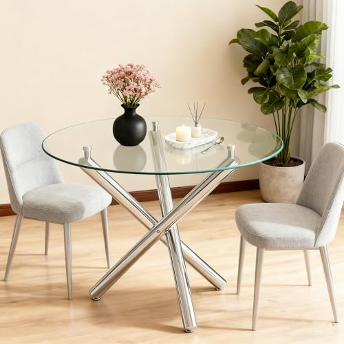 BLUON HOME Mesa de comedor de cristal, mesa de comedor redonda con tapa de cristal templado y patas plateadas, mesa de café, 80 × 80 × 76 cm, para sala de estar