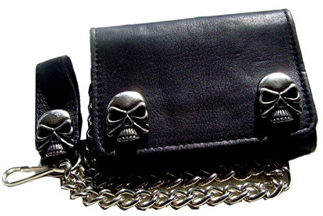 Biker-Leder-Geldbörse Wallet Leder H.D. Skull Silber Leder-arbe schwarz mit Kette und Gürtelscklaufe mit Druckknopf