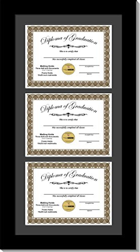 Creative Picture Frames 6X8-3-10X20Bk-B Black Triple Diploma Frame With 3 Opening Black Matting | Holds 3-6X8-Inch Documents With Installed Wall Hanger