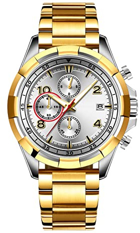 RORIOS Business Tourbillon analog kvartsur för män rostfritt stål kalender lysande pekare multifunktionell armbandsur, Guld, armband