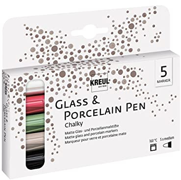 KREUL 16570 - Glass & Porcelain Pen Chalky, 5 Stifte, formstabile Rundspitze mit Strichstärke 2 - 4 mm, sanft - matte Glas- und Porzellanfarbe mit Kreide Optik, deckend, lichtecht