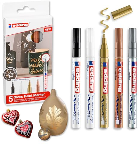 edding 753 Glanzlackmarker Kalligrafie - 5 bunte Farben - Kalligrafiespitze 1-2,5 mm - Lackstift für Glas Stein Kunststoff Papier - wasserfest, stark deckend - Bullet Journals, Hand-Lettering