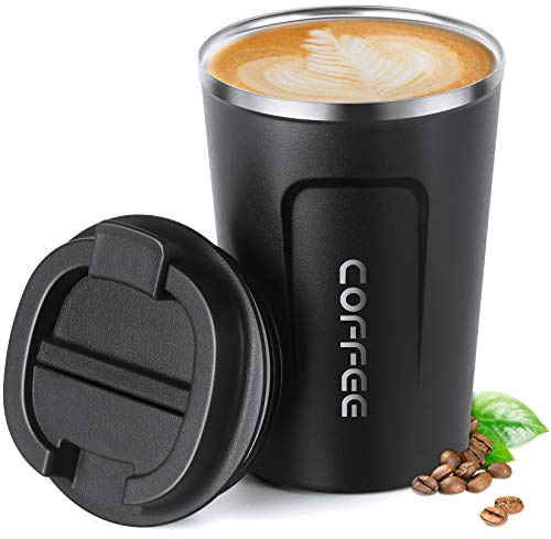 Smilatte 13oz (380ml) Vacuum Insulated Travel Mug, Leakproof Double Wall Stainless Steel Reusable Coffee Cup with Lid for Hot & Cold Drinks, Matte Texture Black