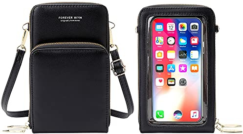 RRANCharltu Handy Umhängetasche Damen Touchscreen Handytasche PU Leder Weibliche Brieftasche Pouch Kartenhalter mit Schultergurt und Handschlaufe (Schwarz)