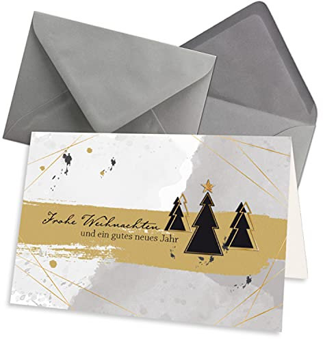 NEUSER PAPIER 10x Weihnachtskarten-Set DIN A6 in Grau mit Weihnachtsbäumen und Text - Faltkarten mit Umschlägen DIN C6 Graphit (Grau) mit Nassklebung - Weihnachtsgrüße für Firmen und Privat