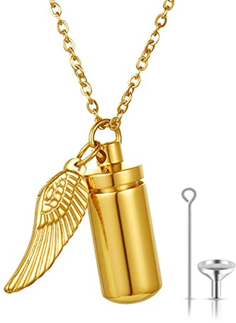 JewelryWe Urna halsband, öppningsbar kapselhållare vattentät pillerhänge med fyllningssats, ängelvinge hänge, personligt halsband, 2,8 cm * 1,1 cm, Rostfritt stål, Inga ädelstenar
