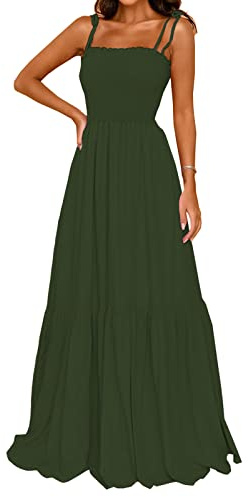 kinstell Abito Estivo da Donna, Stile Bohémien, Senza Maniche, Senza Maniche, con Spalline in Spaghetti, con Scollo Quadrato, con Volant a Linea A, per la Spiaggia, Verde, M
