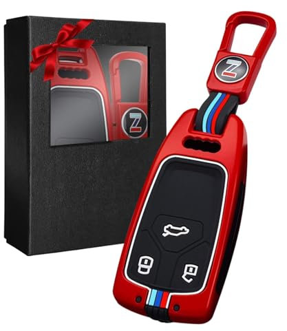Yumzeco Zinklegierung Autoschlüssel Hülle Keyless Kompatibel mit Audi A4 B9 A5 A6L S4 S5 S7 8W Q7 4M TT TTS RS Schlüsselhülle mit Silicone TPU Schlüssel Cover Schutzhülle mit Schlüsselanhänger Rot