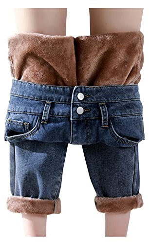 Fodrade jeans dam vinter: Vinterbyxor dam jeans dam hög midja stretch jeans vinter termojeans fleece fodrade varma denim jeggings byxor smal passform termobyxor för kvinnor jeans, Z-blå, L