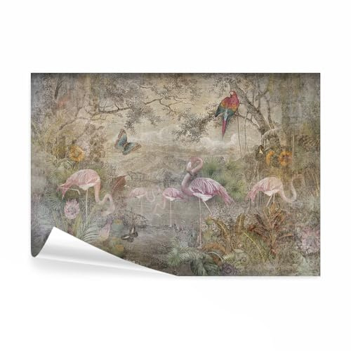 decomonkey Premium Fototapete Tiere, 350x256 cm, Flamingo Papagei Pflanzen | Urwald, Blumen, Bäume, Vlies, Schlafzimmer, Wohnzimmer, Tapete, Fototapeten, Tapeten, Vliestapete, Wandtapete, moderne, Wand