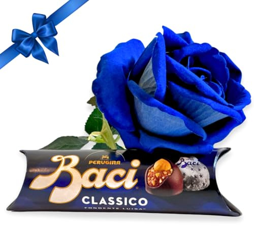 NARAMAKI Baci Perugina Regalo Festa della Mamma 2025 - Bouquet con Baci Perugina 37,5g + Rosa Eterna Blu Velluto a Gambo Lungo - Regalo Mamma/Donna (ROSA BLU)