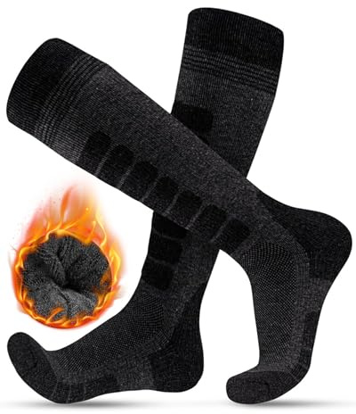 FORVEVO Men's Ski Socks 9-12, Merino Wool Dark Grey Thermo Long Ski Socks Cushioned Sole Breathable for Skiing, Skiing, Snowboarding, Sports, Hiking, Outdoor 2 Pairs