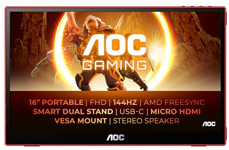 AOC Gaming 16G3 - 16 Inch Portable monitor, FHD, 144Hz, IPS, Speakers, AOC G Menu, Ergo Base stand, Vesa mount, FreeSync (HDMI 1.4 / Micro HDMI 2.0 / USB-C)