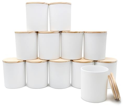 SHOWIN Dicke Kerzengläser für die Herstellung von Kerzen, 3 Dochte, leere Gläser mit Holzdeckel, für Kerzenherstellung, Probenbehälter, mattweiß, 400 ml, 12 Stück