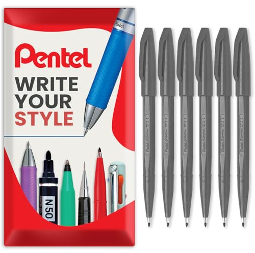 Pentel S520 Original Sign Pen Fasermaler, Fineliner, 2 mm Spitze, 1 mm Linie, graue Tinte, 6 Stück in Geschenkbox