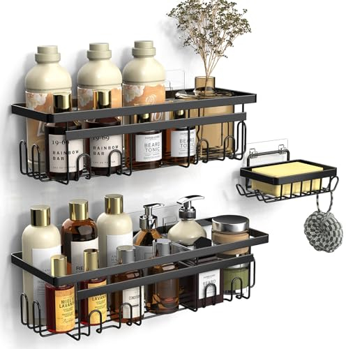 Vinabo Mensola Doccia Senza Foratura con Porta Sapone, 3 PCS Scaffale Doccia Senza Foratura, Accessorio per Bagno Antiruggine, Deposito Doccia con Ganci, Essenziale per il Bagno, Cucina (Nero)