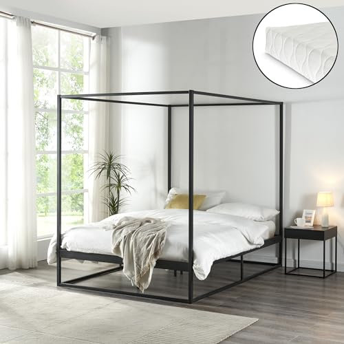 [en.casa] Letto a Baldacchino con Materasso in Schiuma 140 x 200 cm Letto Francese Struttura Rettangolare in Metallo Nero Stile Classico