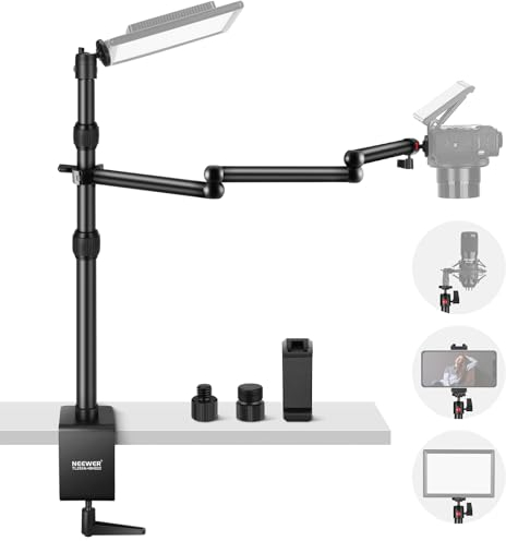 NEEWER Support de Table télescopique pour Appareil Photo - avec Bras Pliable en Trois Parties - 1,2 m - avec Pince de téléphone - Rotule pour lumière LED - Microphone - TL253A+MH022