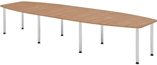 bümö Konferenztisch oval 400x130 cm großer Besprechungstisch in Nussbaum, Besprechungstisch mit Chromfüßen, Meetingtisch für 14 Personen, XXL-Tisch für Besprechungsraum & Meeting