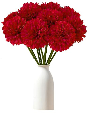 Kunstblumen, 12 Stück Künstliche Hortensie Blumen Seide Pompon Chrysantheme Kugel Blumen Deco Hortensien Künstliche Pflanzen Unechte Blumen, für Hochzeits Deco, Heimdeko, Büro (Rot)