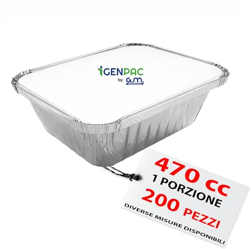 GM – 200 Contenitori Alluminio 1 Porzione 470 cc con 200 Coperchi Alluminizzati, Vaschette per Alimenti Ideali per Forno, Congelamento, Gastronomia e Asporto Professionale