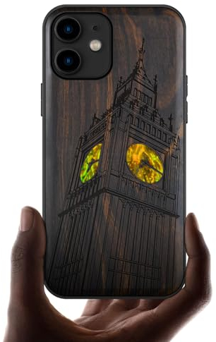 Carveit Coque Compatible avec iPhone 11 Étui en Bois Cover [Gravure en Bois et Incrustation de Coquille] Case pour 11 Coque Premium (Bois Sombre-Big Ben de Londres)