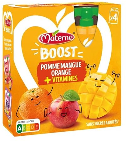 Gourdes de Compote Haut de Gamme Materne Boost Pomme Mangue Orange + Multivitamines 4x90g - 360g | Épicerie Sucrée Bio | Vitamines Naturelles - Le Lot De 4
