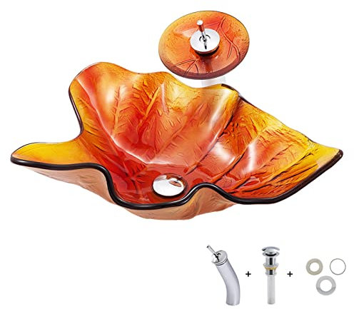 KJSHXYG Glaswaschbecken, Waschbecken mit Wasserhähnen, 23,2 x 14,9 x 6,1 Zoll Badezimmerwaschbecken, Waschschüssel-Set, Orange (Orange)