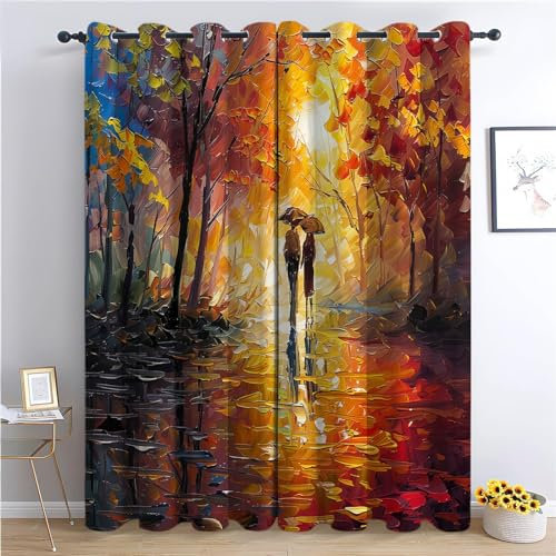 Vorhang Blickdicht Thermovorhang Ölgemälde Parkliebhaber Herbstlaub Muster Gardinen Wohnzimmer Vorhänge Geräuschreduzierung Dekoration für Schlafzimmer Fenster Impressionismus-Stil 214 x 91.5 cm