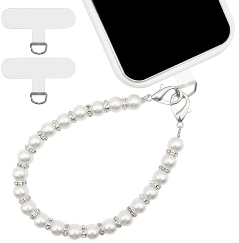 XYQMLY Pearl Beaded Phone Wrist Strap, Universal Cell Phone Lanyard, Anti Lost Phones Lanyard with 2 Pcs Phones Patches, Compatible with Most Cell Phones and Phone Case