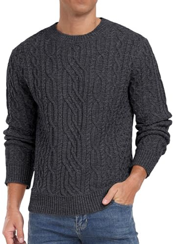 Hisir Maglione da uomo, lavorato a maglia intrecciata, con girocollo, a maniche lunghe, invernale, Grigio scuro, M