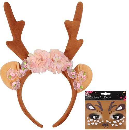 Rentier Haarreif, Geweih Haarreif mit Ohren, Rentier Kostüm, Reh Haarreif Hirschgeweih Damen Kinder mit Reh Gesichtstattoo für Erwachsene Kinder Reh kostüm Karneval Fasching Cosplay Party