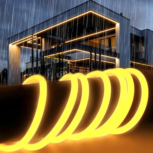 SUCIKORIO 5m Silicone Neon LED Strip Light for Bedroom, Waterproof Fireproof IP65 Round Led Strip Lights Warm White 3000K 220V Cuttable Flexible Neon LED Rope Lights Outdoor with Power Supply
