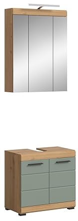 furnling Badmöbel-Set Scott, Matte Salbei Front, 2-teilig aus Waschbeckenunterschrank mit Türen und Spiegelschrank mit Beleuchtung, Breite 60 cm, Korpus Artisan Eiche