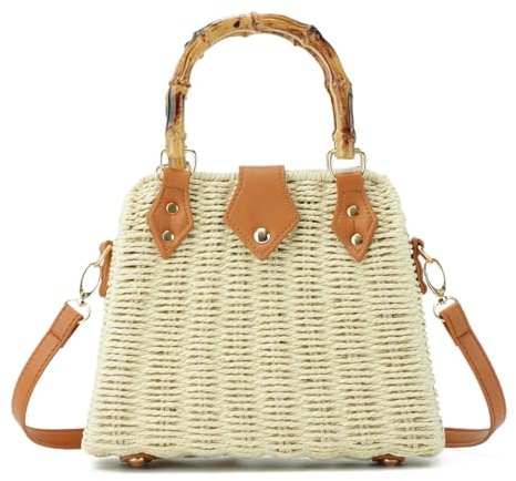 EVEOUT Sac Bandoulière Rotin Tressée avec Poignée en Bambou Femme été élégant Sac à Main Panier Osier Paille pour Fête Plage Vacances