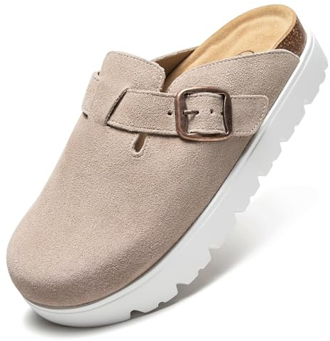 Brelzo Calvior Women's Platform Suede Clogs Slip-On Mules Non-Slip Potato Shoes Sandals with Arch Support Adjustable Buckle Tan