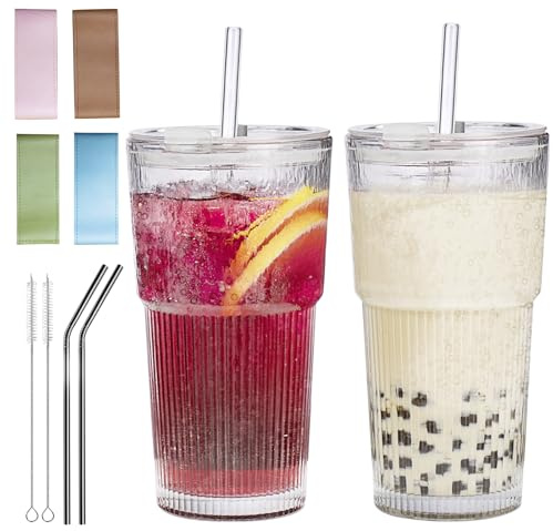 2 Stück 600ml Glas mit Deckel und Strohhalm, Matcha Gläser, Eiskaffee Gläser, Trinkglas mit Deckel, Saft, Tee, Cocktail, Luftdichtes und Wasserdichtes Design, Spülmaschinenfeste Tassen