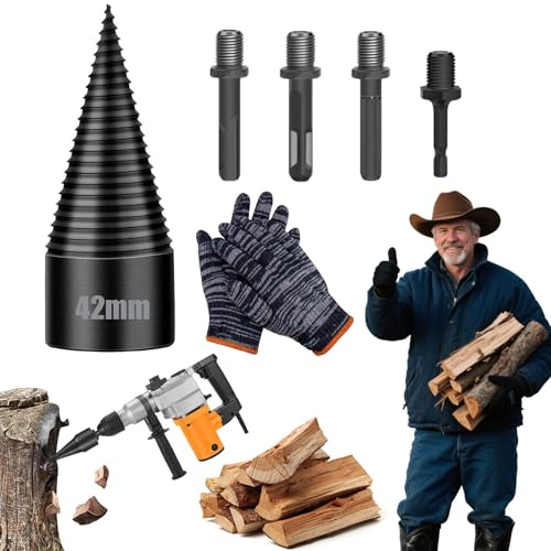 Firewood Drill Bit Set, Wood Log Splitter Firewood Drill Bit, 42mm/32mm Wood Splitter Drill Bits, Log Splitters Drill Bits With Anti-Slip Gloves and 4 Drilling Handles, for Dry Soft Woods (42mm)