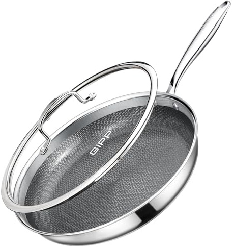 GiPP 30CM Triple Stainless Steel Frying Pan with Lid,Riveted Ergonomic Handle, Induction Deep Frying Pan, Scratch Resistant,Family Cooking,Tri-Ply.PFAS-Free, Multi Clad,Oven Safe, Fits All Cookers