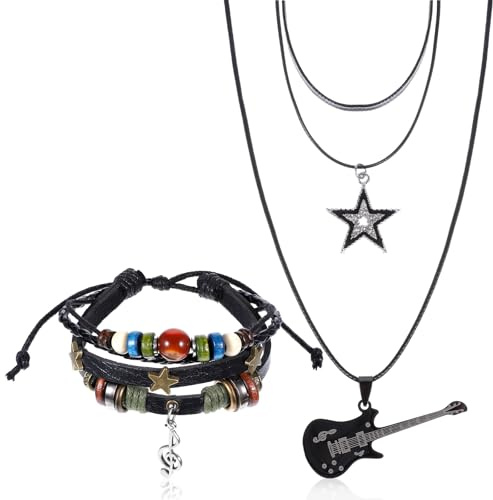 Quilax Y2k Star Necklace Grunge Bracelets Set, Stackable Chunky Star Pendant Grunge Jewelry Y2k Gothic Swirl Stars Necklaces, Punk Rock Roll Music Guitar Grungee Accessories for Women Men