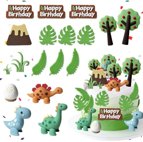 NimblusToy Decorazioni per Torte, 18Pcs Decorazioni Torta Dinosauri, Decori per Torta a Tema Dinosauri, Albero Giungla Tema Torta Toppers, Forniture per Feste di Compleanno per Bambini