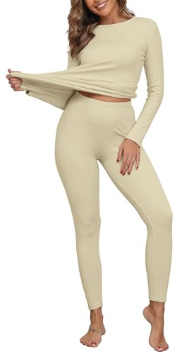 IWOLLENCE Set de ropa interior térmica para mujer Ropa interior de esquí Cálida Ropa térmica de forro polar acanalado, albaricoque, M